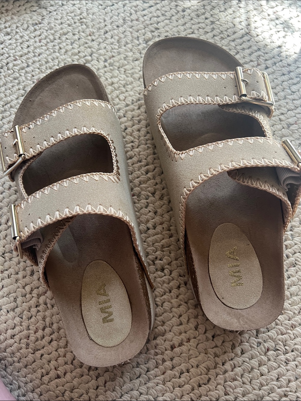 MIA Taupe Double-Strap Buckle Slides Sz 10